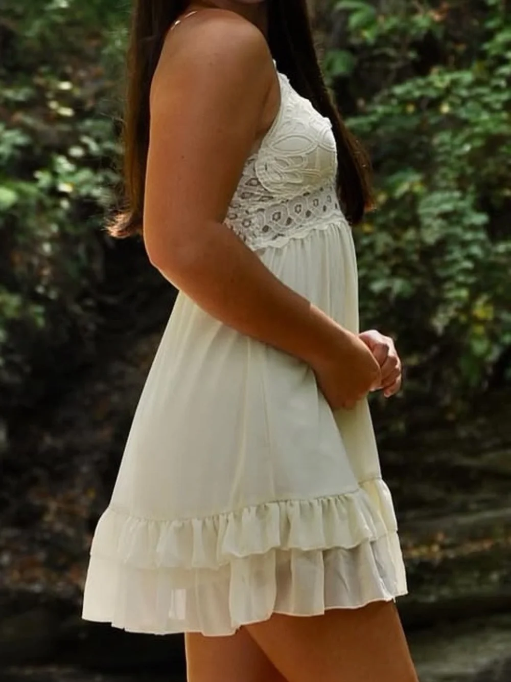 Off White Lace Bodice Ruffle Hem Dress